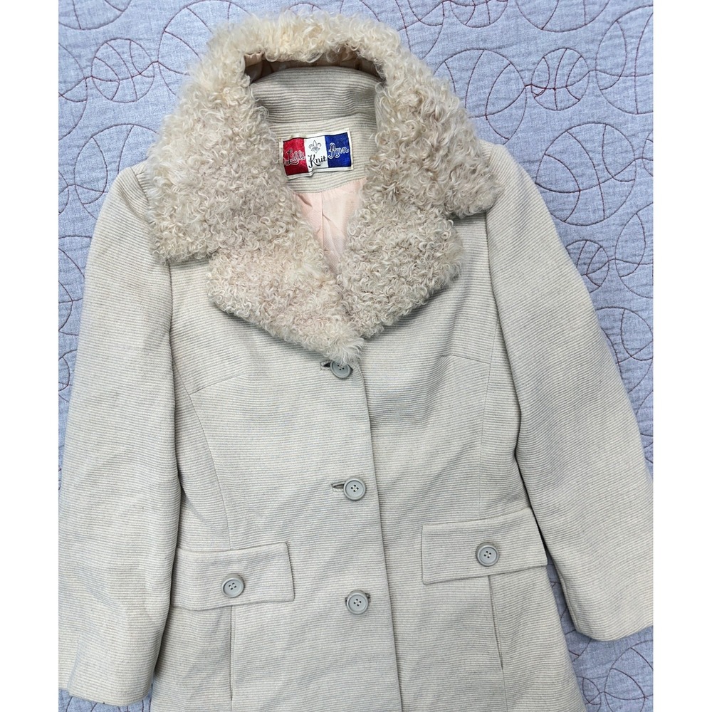 Lilli Ann Knit Coat Beige 1960s Faux Fur Collar Mod / Womens Medium